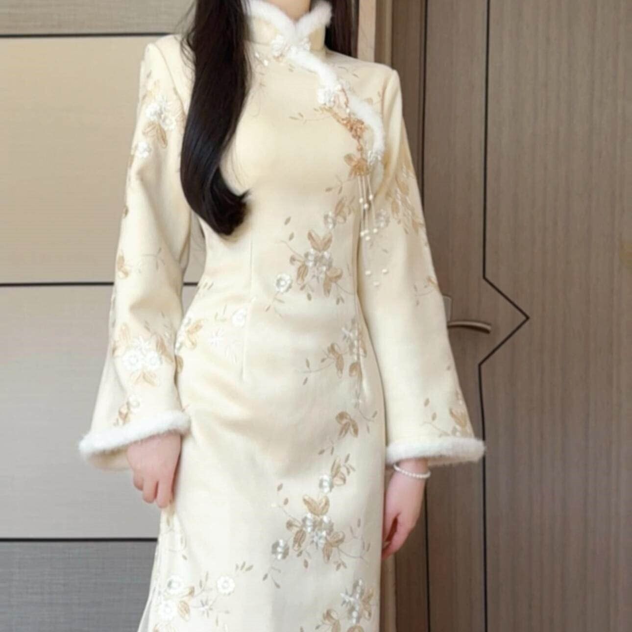 ドレス ワンピース 結婚式 二次会 ステージ 舞台 コスプレ 謝恩会 演劇 ロング 長袖 ハイネック マーメイド タイト スリム 細身 セミフレア チャイナドレス 刺繍 きれいめ 大人可愛い 上品