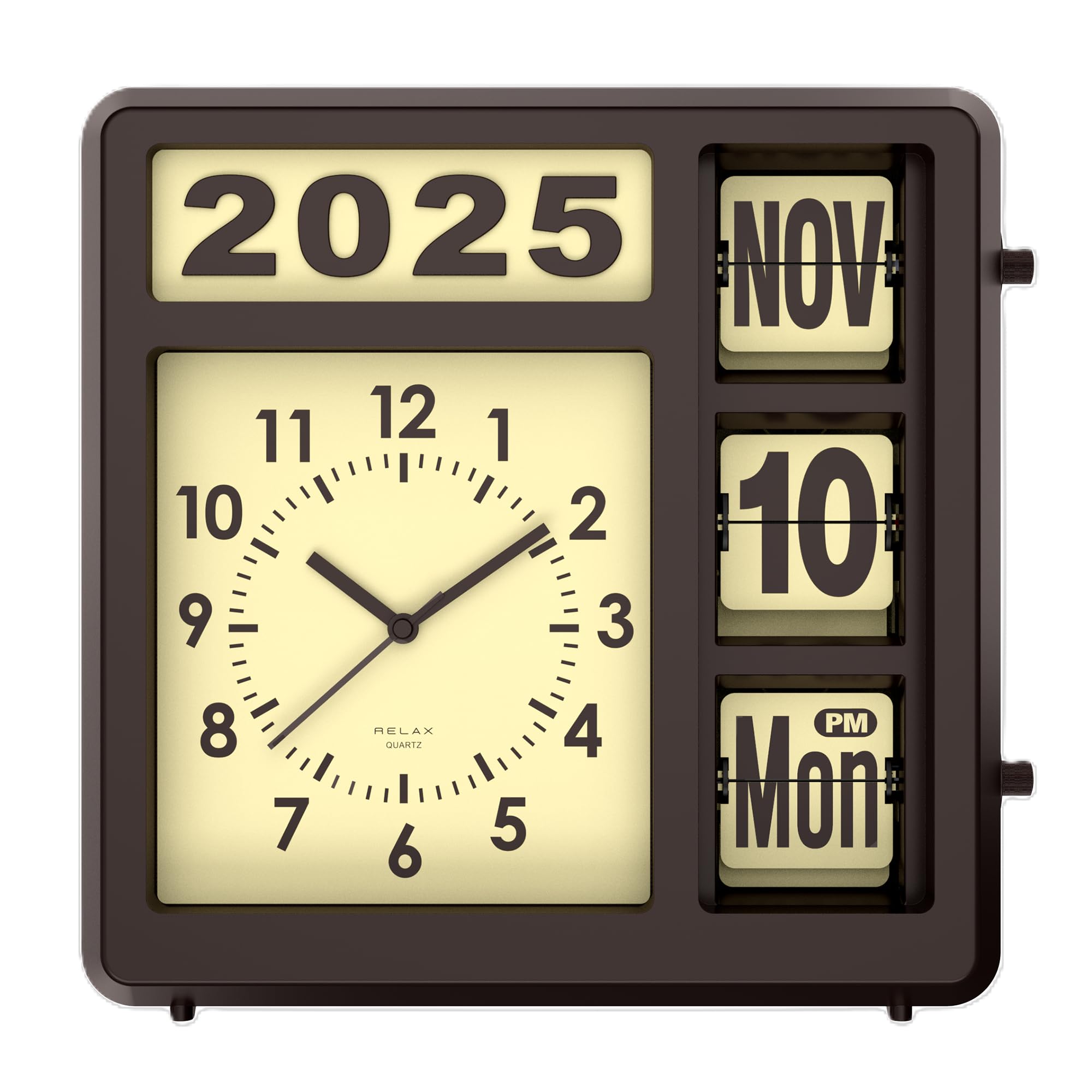 RELAX フリップカレンダークロック レトロ 時計 アナログ表示 静音設計 自動切替 手動調整 日付 曜日 西暦 一体型 置き時計 壁掛け時計 インテリア (ブラックコーヒー)