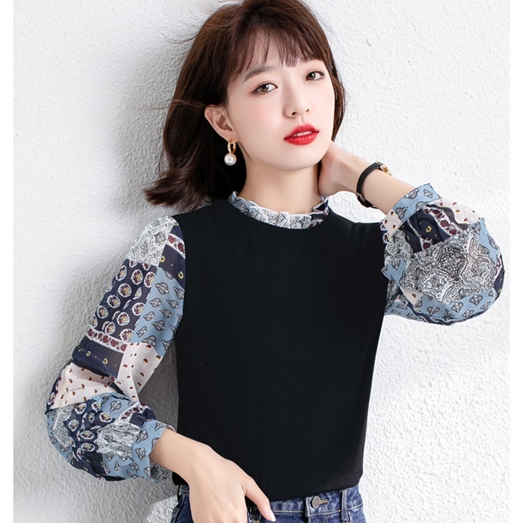 トップス フェイク シフォン シャツ カットソー 袖あり 長袖 萌袖 ボリューム袖 フリル 透け感 シースルー かわいい かっこいい 大人可愛い エスニック 個性的 柄 シンプル 大人 おしゃれ