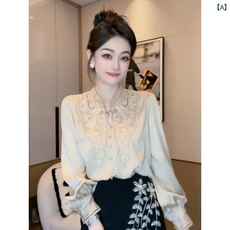 レディース　ニット　レース　シルク フランス 宮廷 風 刺繍 レース テクスチャ シルク ミルクティー シリーズ ファッション 品質 シャツ 2025 春秋 女性用