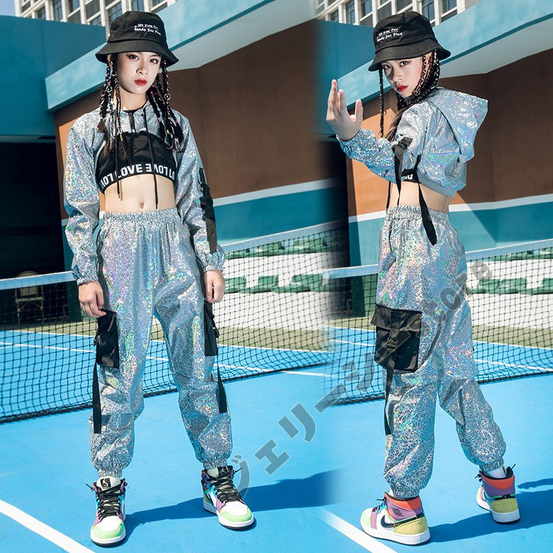 キッズダンス衣装 セットアップ ヒップホップ ガールズ へそ出しトップス パンツ かっこいい K-P