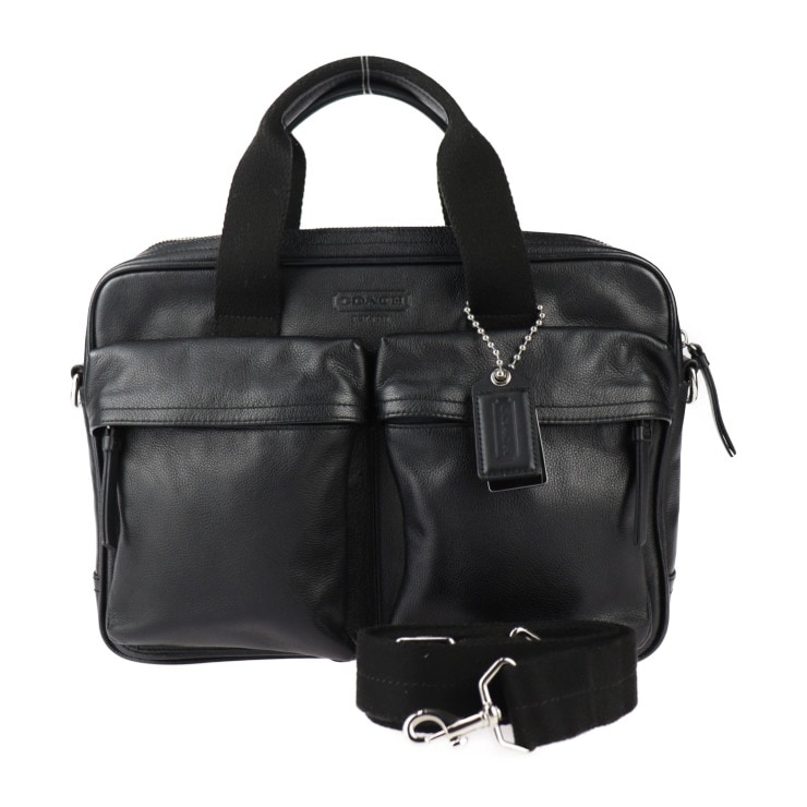美品 COACH コーチ ビジネスバッグ 70859 トンプソン スリム コミューター X レザー ブラック シルバー金具 2WAY ショルダーバッグ ブリーフケース【本物保証】