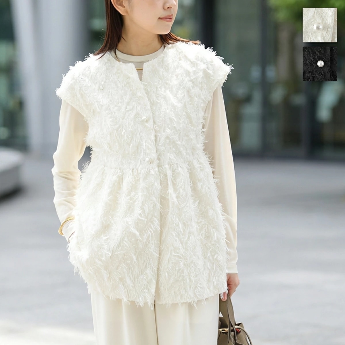 PASSIONE パシオーネ ベスト 616929 レディース フリンジ ジャガード パールボタン ノーカラー ペプラム ジレ セレモニー対応可 カラー2色