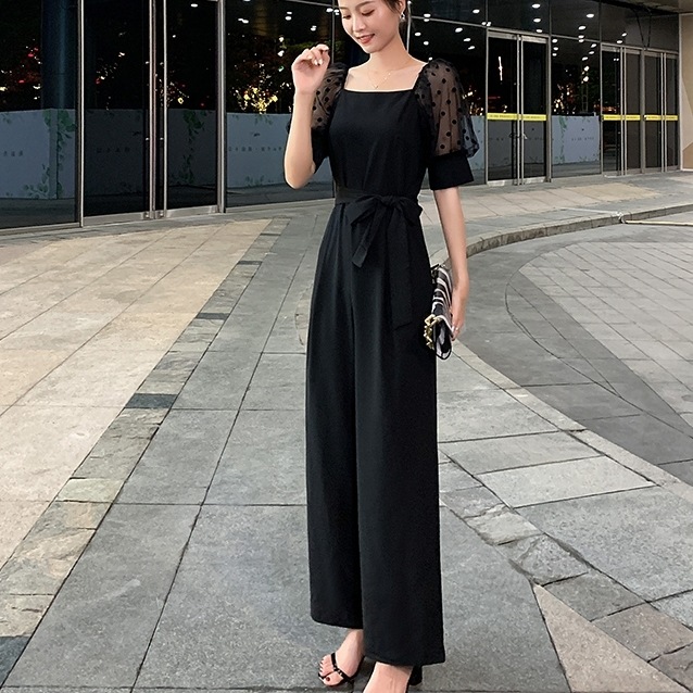 オールインワンパンツ ロングパンツ 5分袖 パフスリーブ スクエアネック ウエストマーク 刺繡 透け感 ストレートパンツ 発表会 かわいい 大人可愛い きれいめ シンプル 上品 おしゃれ かっこいい