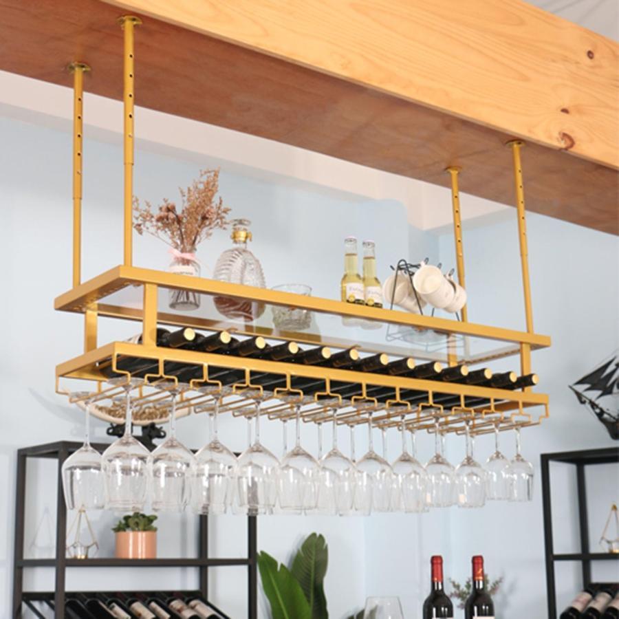 天井吊り下げワインラック逆さまワイングラスホルダー調節可能なハンギングワインラックキャビネット吊り下げ式 ワイングラス乾燥ラックワイングラスハ