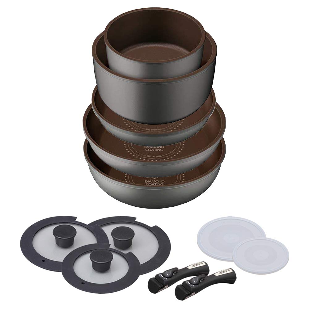 【Amazon.co.jp限定】 アイリスオーヤマ フライパン 鍋 セット ガス火 IH対応 12点 ダイヤモンドコート 取っ手のとれる 軽量 こびりつかずにお手入れ簡単 H-IS-SE12