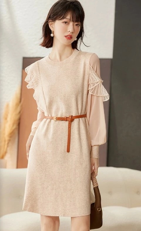 ニットワンピース 厚手 長袖 フリル スリム 着痩せ 大きいサイズ レディース 秋冬 結婚式 きれいめ タイト フォーマル 大人 上品 チュニック one-piece