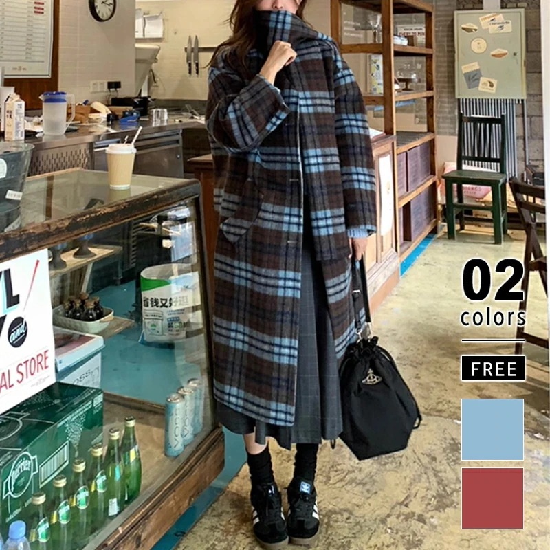 リバーシブルチェックコート マフラー付きノーカラーコート ロングコート ノーカラーコート リバーシブル チェックコート ロング レディース チェック リバーシブルコート