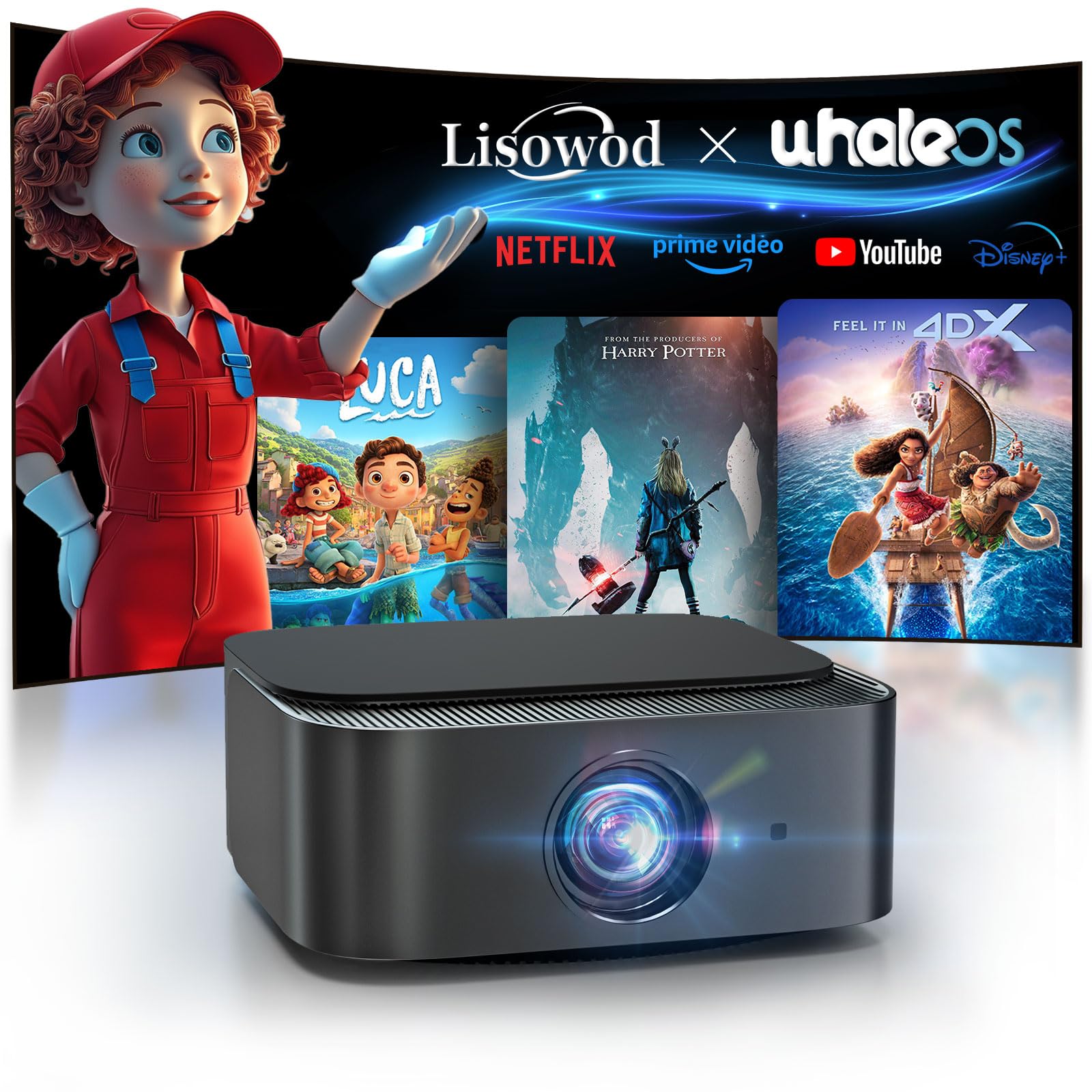 プロジェクター 小型【公式Netflix·1万+アプリ内蔵】Lisowod 家庭用 1000ANSI 真1080P 自動台形補正 4D/4P台形補正 WIFI6 双方向Bluetooth5.4 4K対