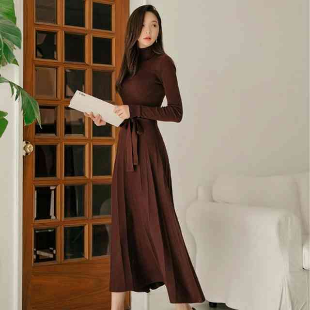 【即納】ワンピース レディース ニットワンピース 秋冬 ロングワンピース 長袖 秋 ニット ワンピース 大きいサイズ ワンピース ひざ丈 大人可愛い プリーツ かわいい 普段使い ベルト付き リボン