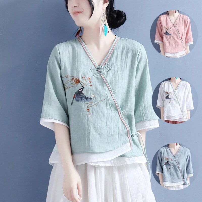 チャイナ風シャツ ブラウス レディース 綿麻シャツ 鳥刺繍 Vネックトップス チャイナシャツ 中華風トップス チャイナ風普段着 中華服 改良唐装 レトロ
