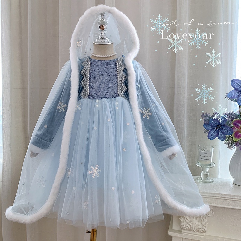 エルサのプリンセススカート女の子ワンピース秋冬の新作アナと雪の女王エルサのギャザーワンピースポンチョ2点セット