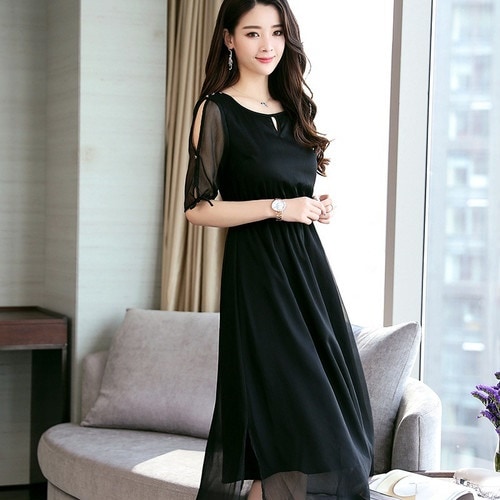 A1089.Uネック腕見せシースルーフレアワンピース（ブラック）2019 春夏 sale 春夏 sale ドレス フリル エレガント お呼ばれ 結婚式 披露宴 パーティー 女子会 レストラン デート