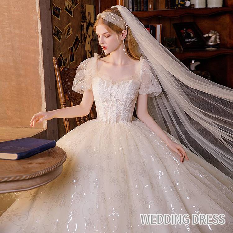 隠れた名品ウェディングドレス パフスリーブ プリンセスドレス 結婚式ドレス 花嫁ドレス ウェディングドレス シャンパン スパンコール キラキラ キレイめ 海外挙式 トレーンドレス Aライン 袖あり ロ