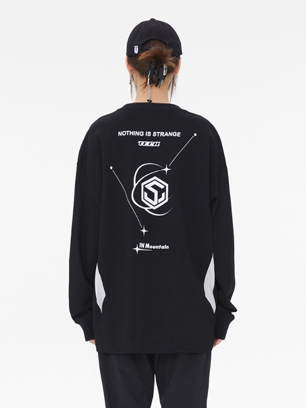 TECH 機能的なスタイルのブラックフェイクツーピースヘビーロングスリーブTシャツレディース通気性ドロップショルダートップ多用途ルーズ