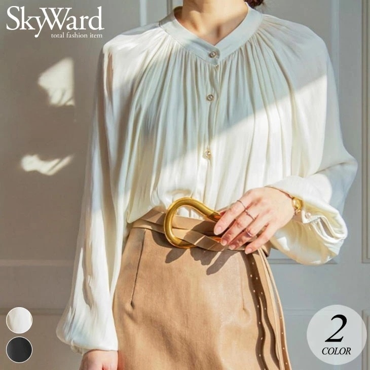 選べる袖丈 ギャザー ブラウス パールボタン 長袖 半袖 トップス ゆったり 大きめ セレモニー オケージョン 無地 可愛い フェミニン きれいめ 春 夏 秋 冬 レディース 韓国ファッション