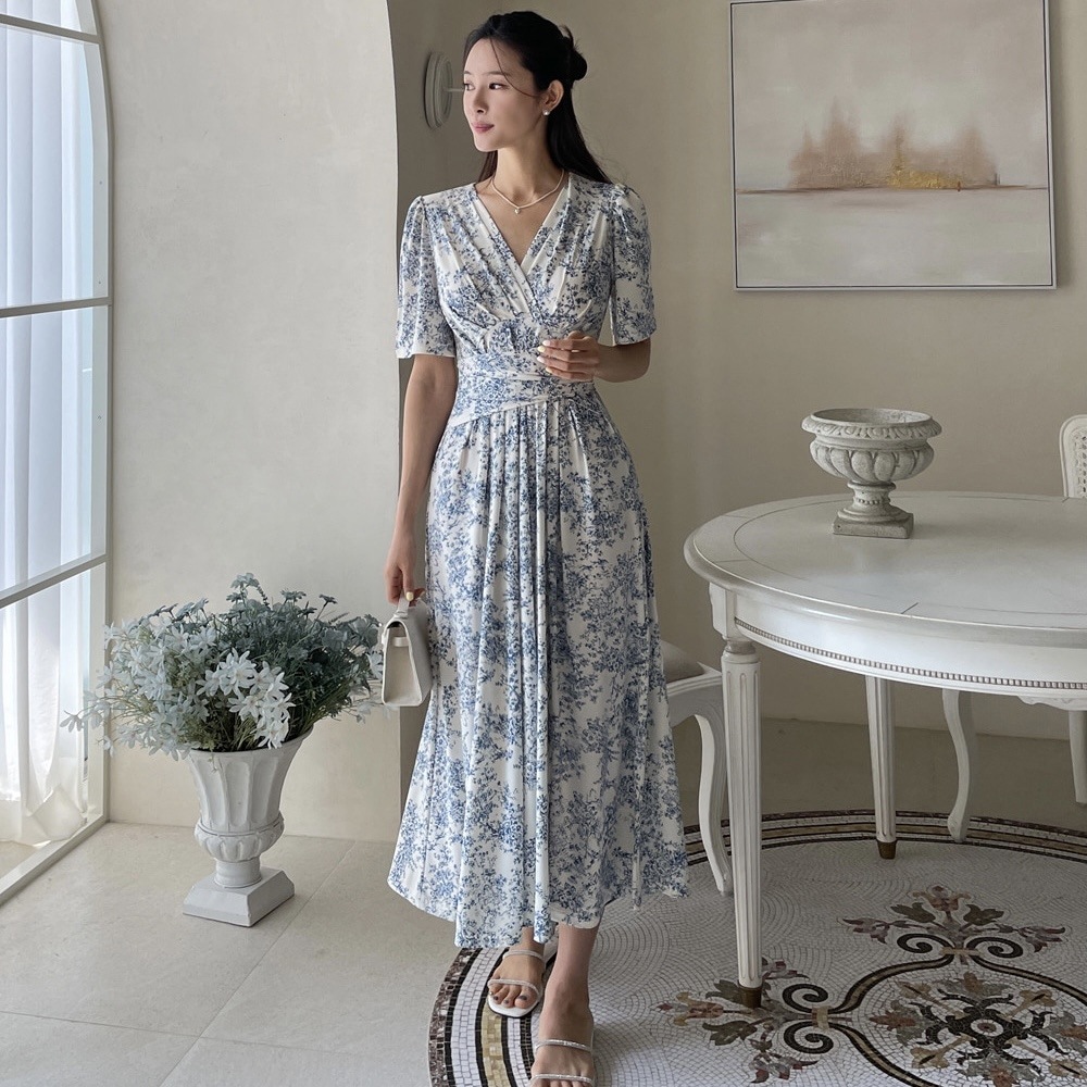ワンピース ペイズリー 花柄 カシュクール シフォン リボン Vネック Aライン ロング丈 半袖 韓国 レディース ハイウエスト Aラインスカート かわいい 可愛い 大人可愛い 大人女子