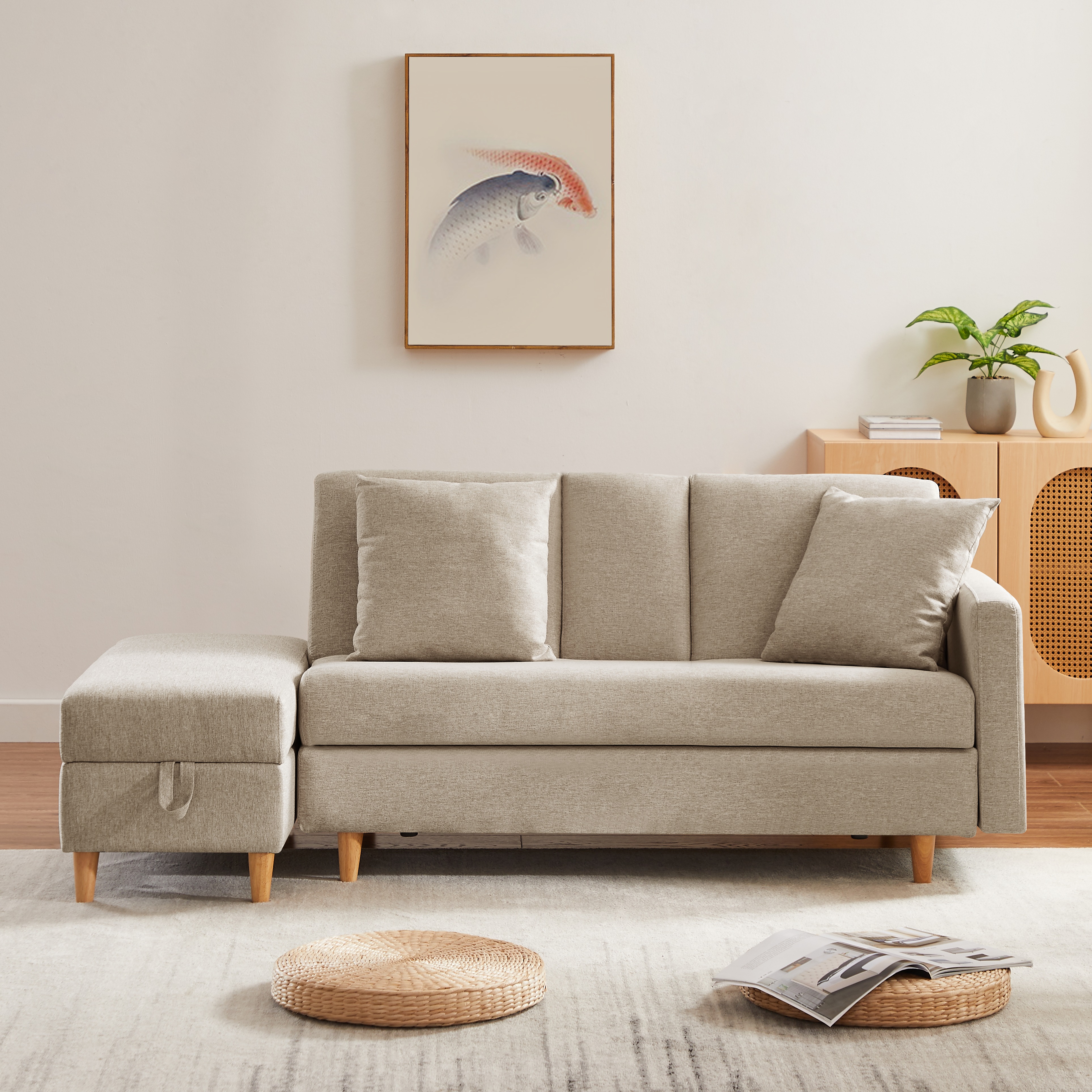 【国内発送】584 ソファ　ソファーベッド　カウチソファ　3人掛け　オットマン付き　多機能ソファ　左右側とも取り付けるアームレスト　たくさん収納　レイアウト自由　クッション2個