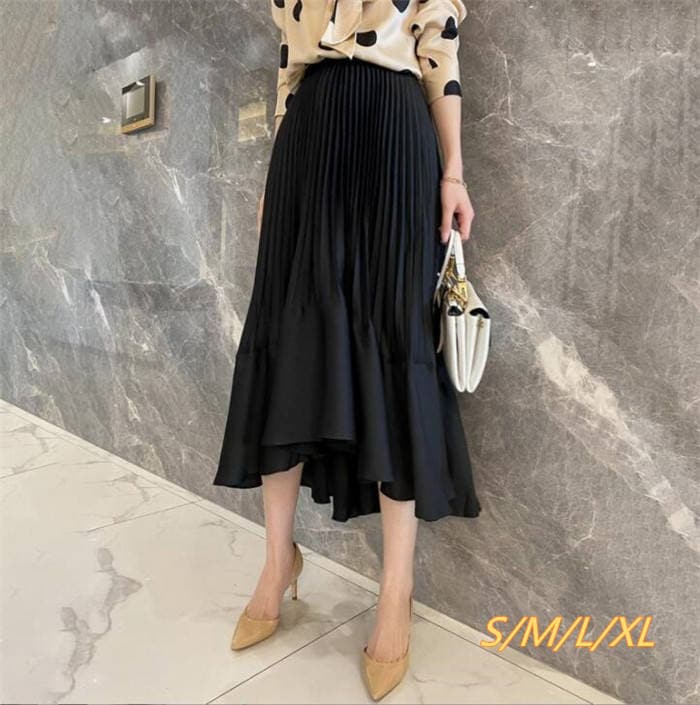 【夏セール！】アシンメトリー　スカート Aライン プリーツ ウエストゴム 大きいサイズ ロングスカート 体型カバー 大人可愛い シンプル ナチュラル ナチュラン 春 夏 レディース 垂れ感　ブラック