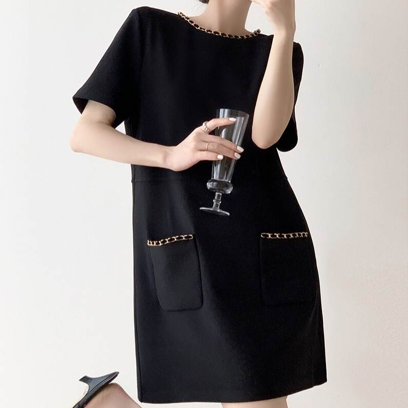 レディース ワンピース ドレス ショート 半袖 ラウンドネック ストレート Aライン ポケット 大人可愛い きれいめ 上品 おしゃれ かっこいい ラフ ガーリー クール エレガント フォーマル 都会的