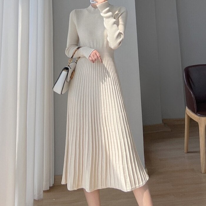 ニットワンピース ワンピース レディース ロングワンピース ロング ミモレ丈 長袖 フレア aライン ハイウエスト プリーツ プリーツ切り替え 春 秋 冬 体型カバー 着痩せ 細見え 大人 4,910円