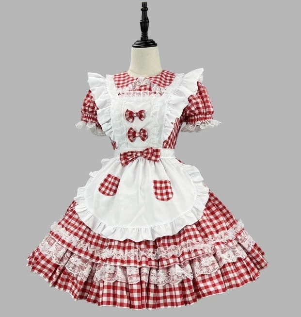 迅速な出荷 半袖 メイド服 ショート丈 メイド服 大人 レディース 赤 お姫様 可愛い メイド服 ロリータ ワンピース チェック柄 レース キュート 萌え萌え メイドコスチューム ロリータ服 S M