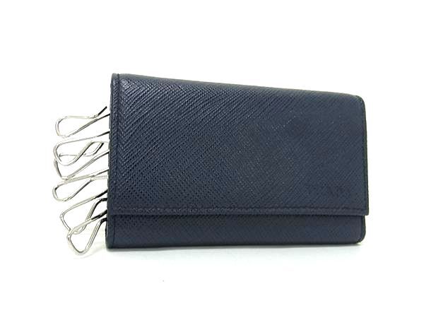 新古未使用展示品 PRADA プラダ キーケース - - ネイビー サフィアーノレザー ユニセックス 6連【本物保証】