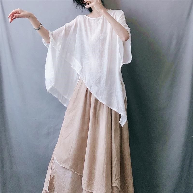 夏でも着れる!サマーニットミニマリストフラウィーイレギュラーヘムバットウィングスリーブTシャツ 5,487円