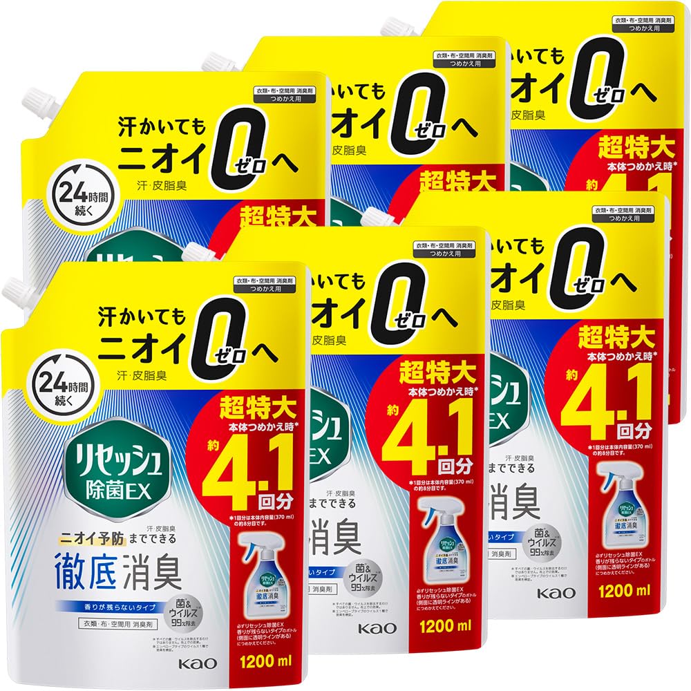 全国送料無料！ リセッシュ 【ケース販売】除菌EX 汗・皮脂臭のニオイ予防までできる徹底消臭! 香りが残らないタイプ 詰替え用 1200ｍｌ×6個 大容量