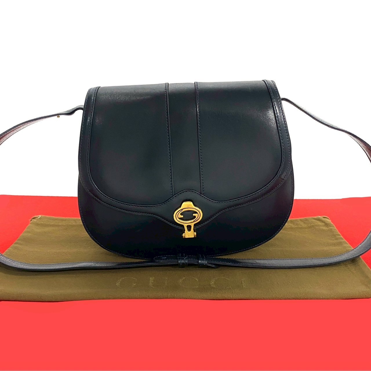 ヴィンテージ GG ロゴ 金具ショルダーバッグ レザー ネイビー -8922