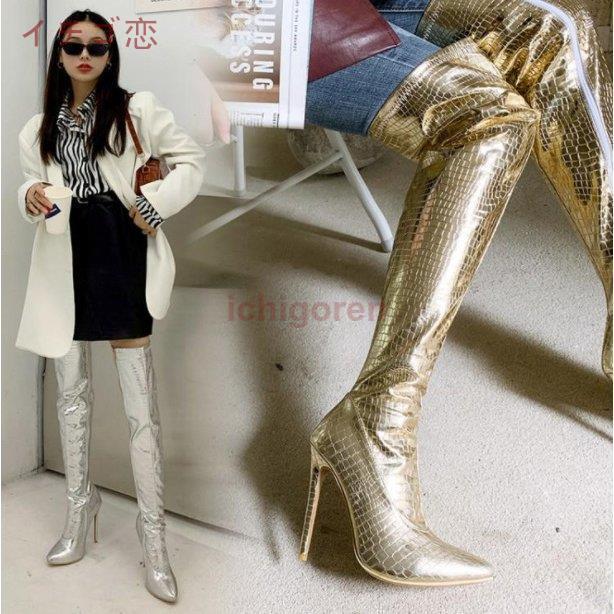 .再入荷なし！数量限定シンプルなデザインの細身 エナメル ニーハイブーツ ロングブーツ 定番のニーハイブーツ シルバー ストレッチニーハイブーツ ヒール美脚 ニーハイブーツ
