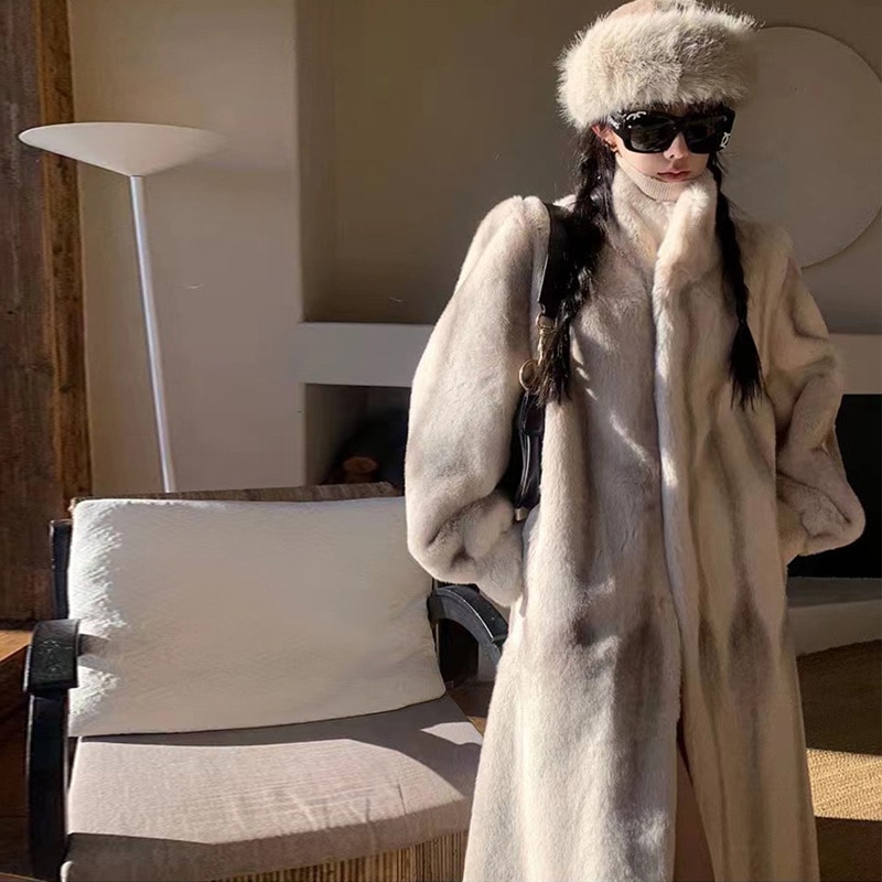 人気商品 レディース ミドル丈 クロスミンク エコファー ミンクベルベット ニューメープルシュガー 乳溶性クロスミンクファーコート