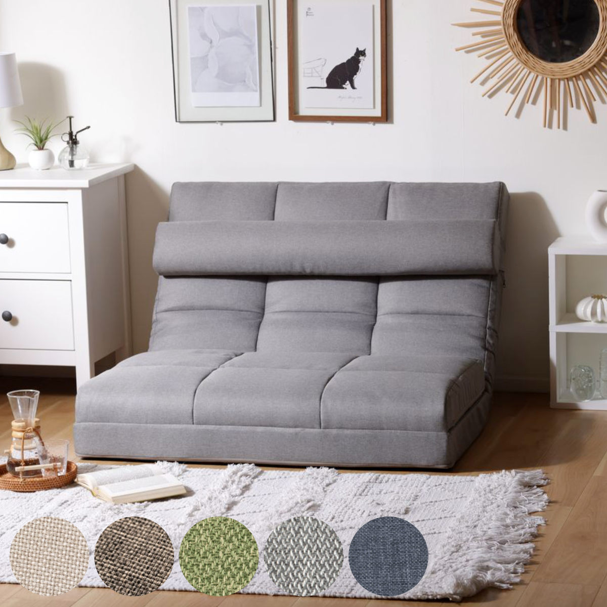 ローソファ 2人掛け 幅100cm ハイバックタイプ ソファベッド 3way ダリアン生地 タスク生地 デニム調生地 ソファ カウチソファ ベッド リクライニング 14段階 日本製