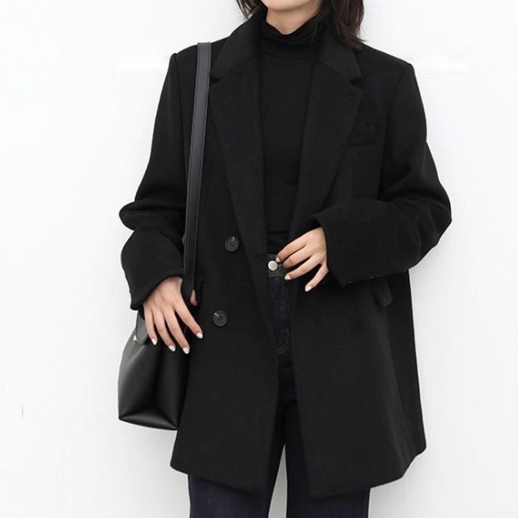 ブラックチェスターコート冬テーラードアウターオフィス30ミドル丈コート春テーラードジャケットメルトン裏地付き秋4050通勤オーバーサイズカジュアル黒レディース 4,599円