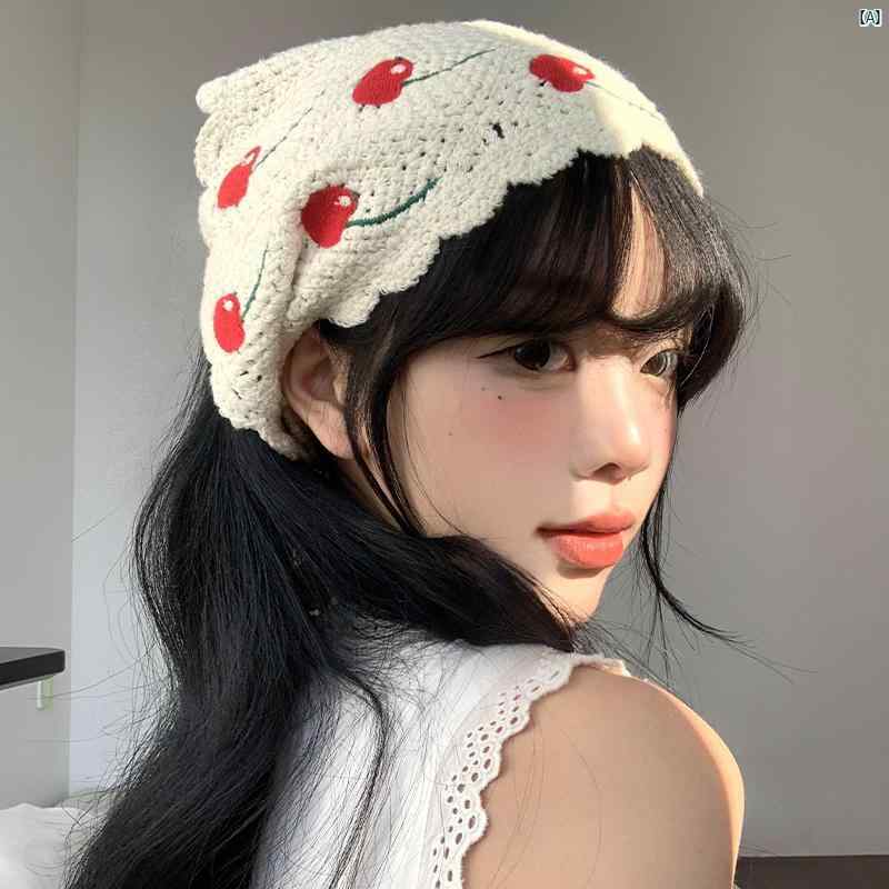 レディースファッション　ファッション小物　オシャレ チェリー ニット 三角 スカーフ 夏 フレンチ レトロ 海辺 牧歌的 髪