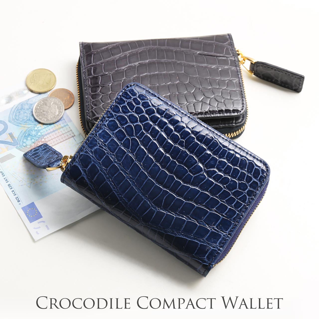 クロコダイル ミニ財布 メンズ 本革 シャイニング 加工 ラウンドファスナー 小銭入れ コンパクト 二つ折り財布 折財布 男性 彼氏 プレゼント ギフト 春財布 高級 (06001750-mens-1 