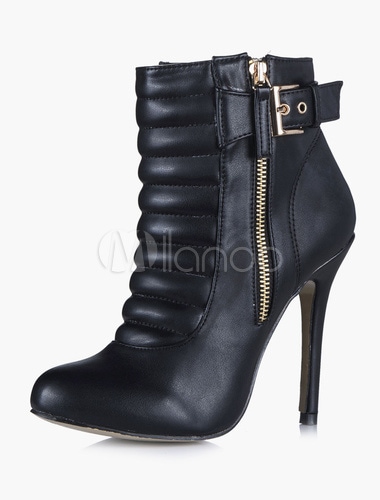 PUレザージッパーバックルブーティ