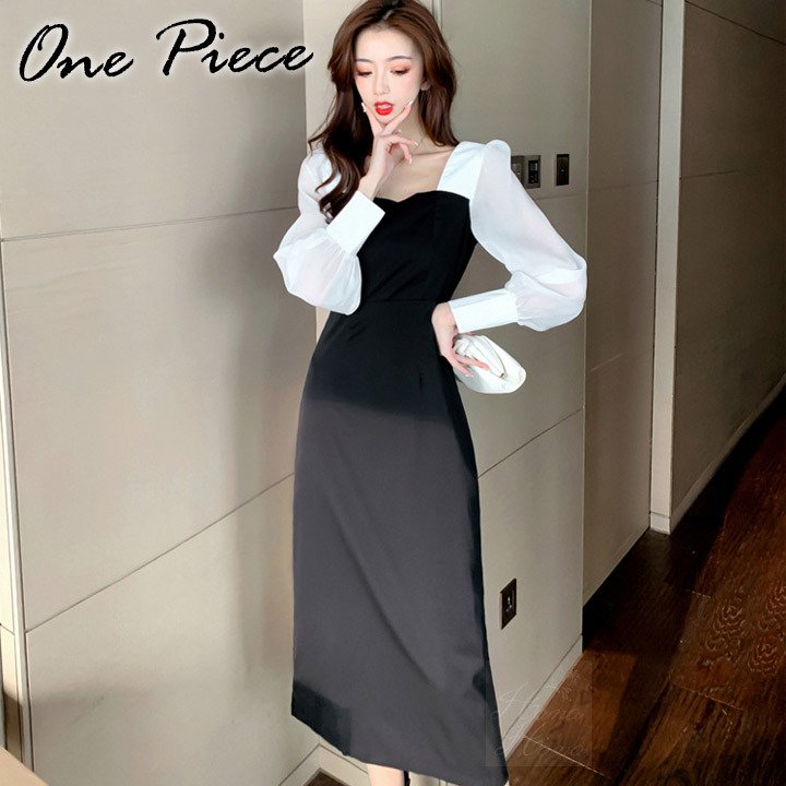 ロングワンピース ワンピース シフォン袖タイトワンピ 膝丈 ミモレ丈 シフォン袖 ボリューム袖 透ける 透け感 レディース 春夏 【メール便】 バレンタイン 2025 プレゼント