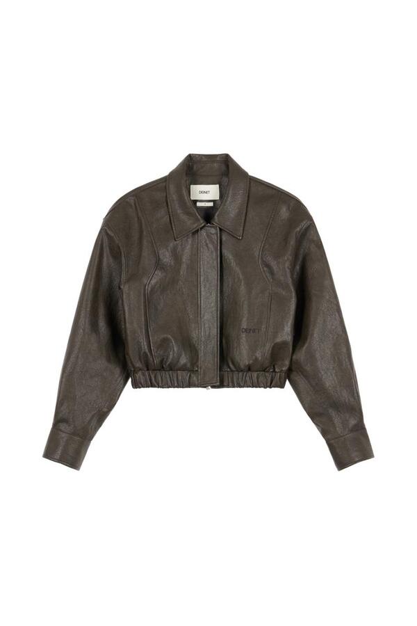 【DEINET】 ECO-LEATHER BOMBER BANDED JUMPER : DARK BROWN