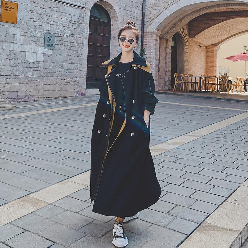 可愛いコントラストカラー折襟スーツアウターロングレディース春トレンチコート韓国ファッション長袖トップスカーディガン2023ブランド上質トレンチコート