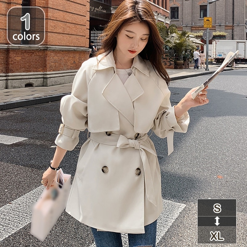 レディース トレンチコート スプリングコート 長袖 ショート丈 無地 コート アウター 着痩せ 春 秋 Aライン コート ボタン付き ジャケット 可愛い ライトアウター ジャケット 膝丈 通勤 OL