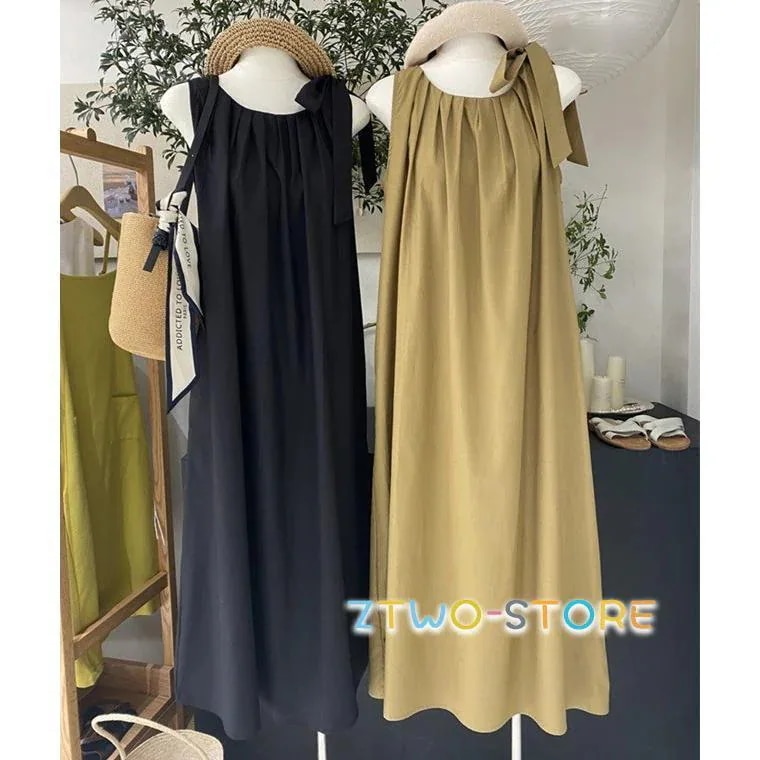 肩紐リボン ワンピース ロング ノースリーブ ワンピース 黒 ワンピース 春 カジュアル レディース ワンピース 夏 体型カバー ゆったり ショルダーリボン 5,249円