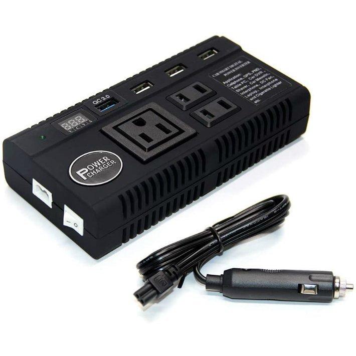 カーインバーター 車載充電器 120W DC12V 24V をAC110Vに変換 カーチャージャー 12V車＆24Vトラック対応 1保証-長方形/ブラック (12V車/24Vトラック 用)