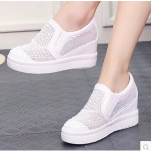 メッシュシューズ レディーススニーカー レース 厚底 スリッポン ラインストーン インヒール 通気性