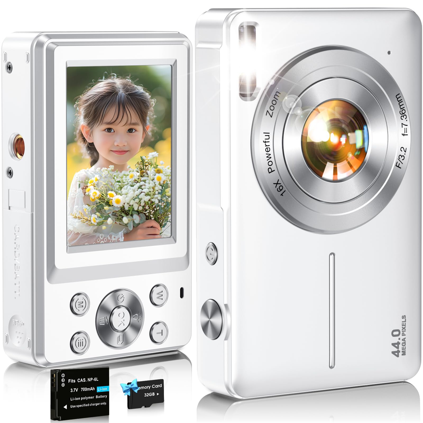 デジタルカメラ デジカメ Nsoela 32GBカード付き 予備電バッテリー コンデジ 16倍デジタルズーム FHD 1080P録画 44MP画素 コンパクトvlogカメラ 修学旅行 子供/学生/初心