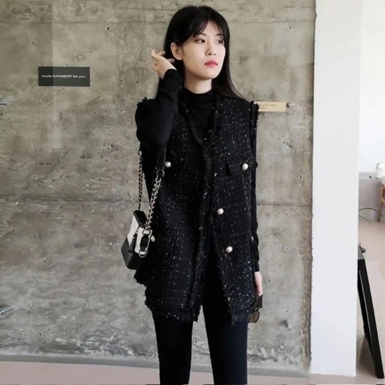 ツイードジレレディースロング丈ベスト大きいサイズ体型カバーVネックIノースリーブカジュアル入学式卒業式かわいいおしゃれVネック前開き韓国きれいめ大人上品エレガントカジュアルブラック黒