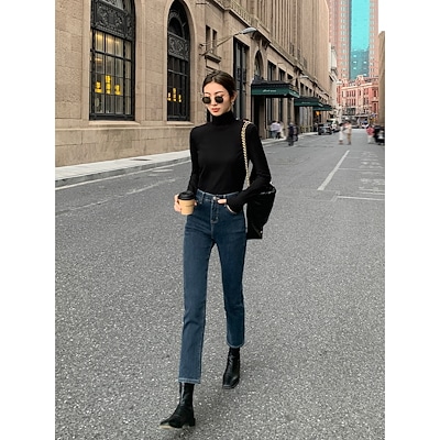 藍色の復古のジーンズのズボンの女性の秋冬九分ズボンの筒の太いパイプのズボン高い腰はやせて見えます