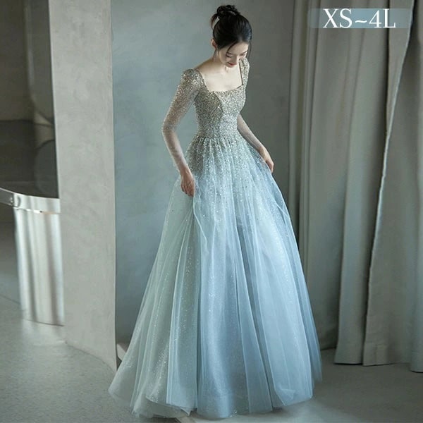 ドレス 大人 ピアノ 発表会 ロングドレス 演奏会 結婚式 母親 ピアノ発表会 袖付き キラキラ グラデーション ワンピース 長袖 演奏会ドレス 演奏会用ドレス パーティードレス イブニングドレス ロ