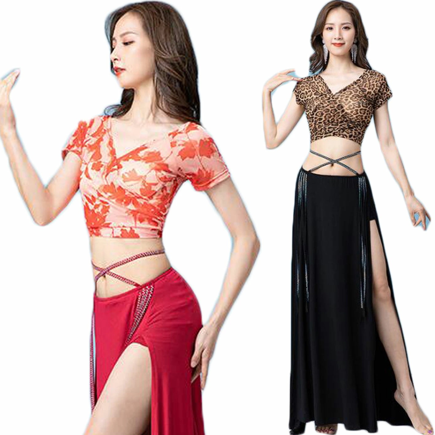 ベリーダンス衣装 ダンスウェア レディース ダンストップス 半袖 へそ出しトップス Vネック ベリーダンス belly dance レッスン着 練習着 リーフ柄 ヒョウ柄 オーディション コンクール