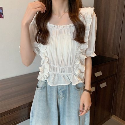 カットソー レディース 半袖 スクエアネック シフォン レトロ かわいい 大人可愛い きれいめ シンプル カジュアル ガーリー 無地 夏 学生 デート お出かけ ホワイト パープル ブルー トップス